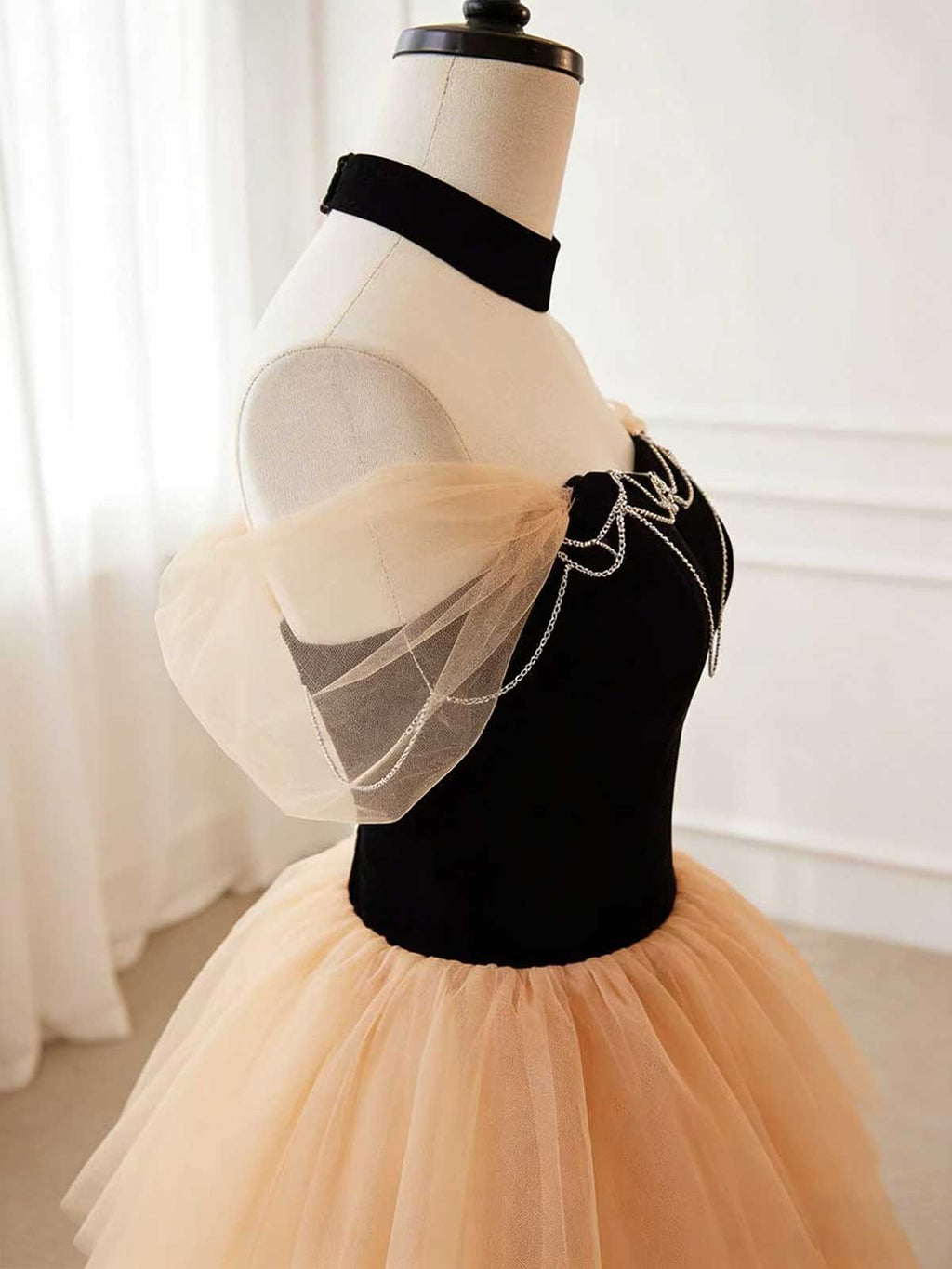 Black & Champagne Tiered Tulle Ball Gown with Halter Neck