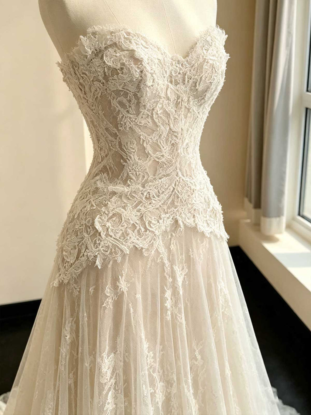 Ivory Lace Strapless Sheer A-Line Wedding Dress with Cape & Train