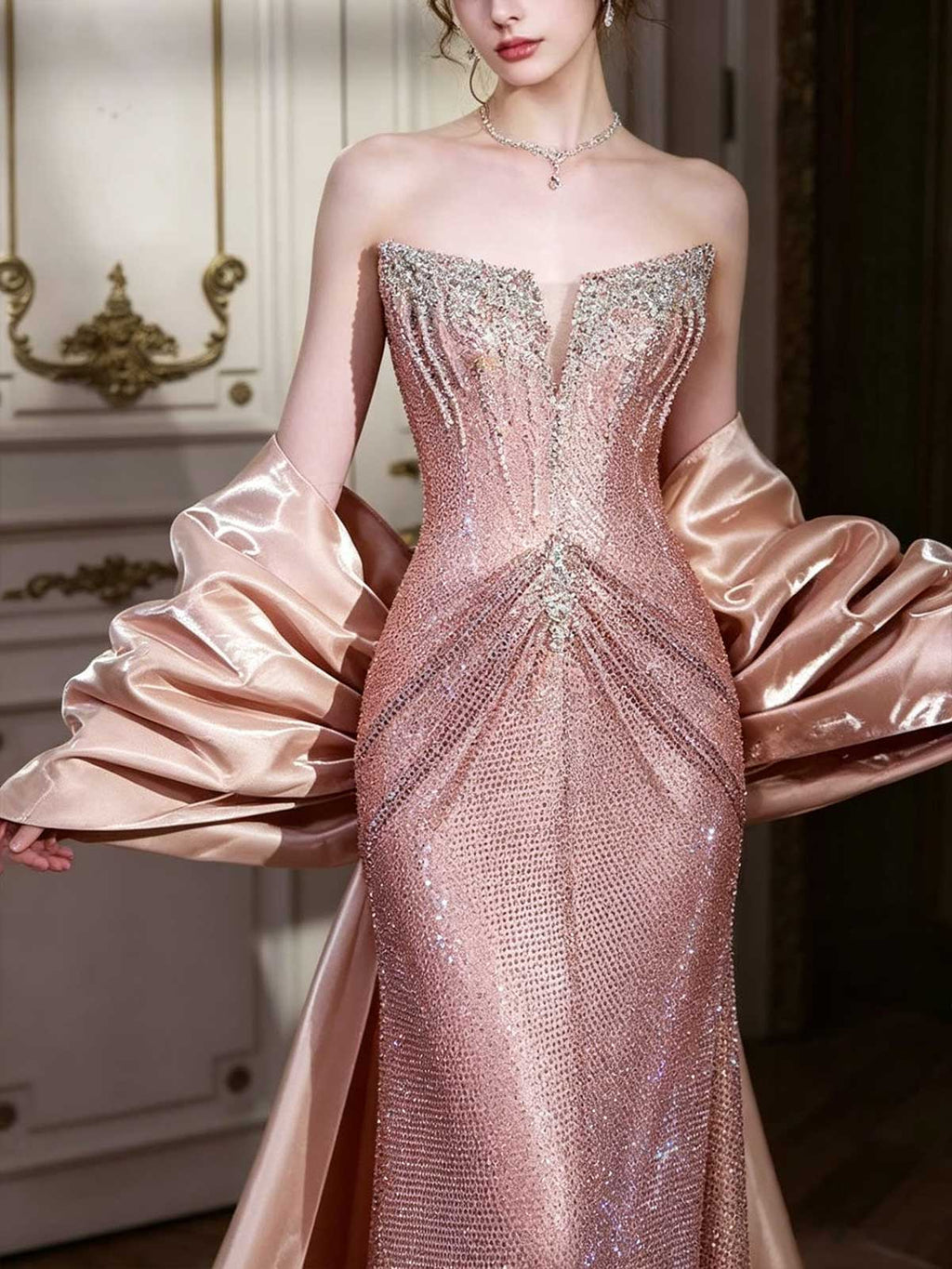 Rose Gold Strapless Crystal Mesh Mermaid Evening Gown with Satin Cape