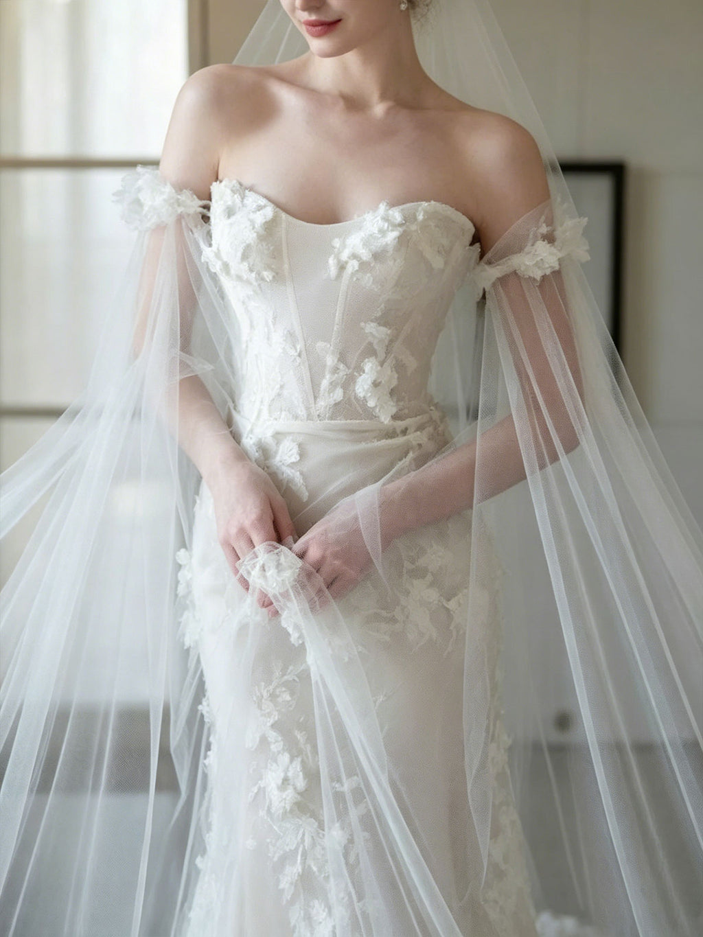 Strapless 3D Floral Lace Cape Tulle Mermaid Train Wedding Gown