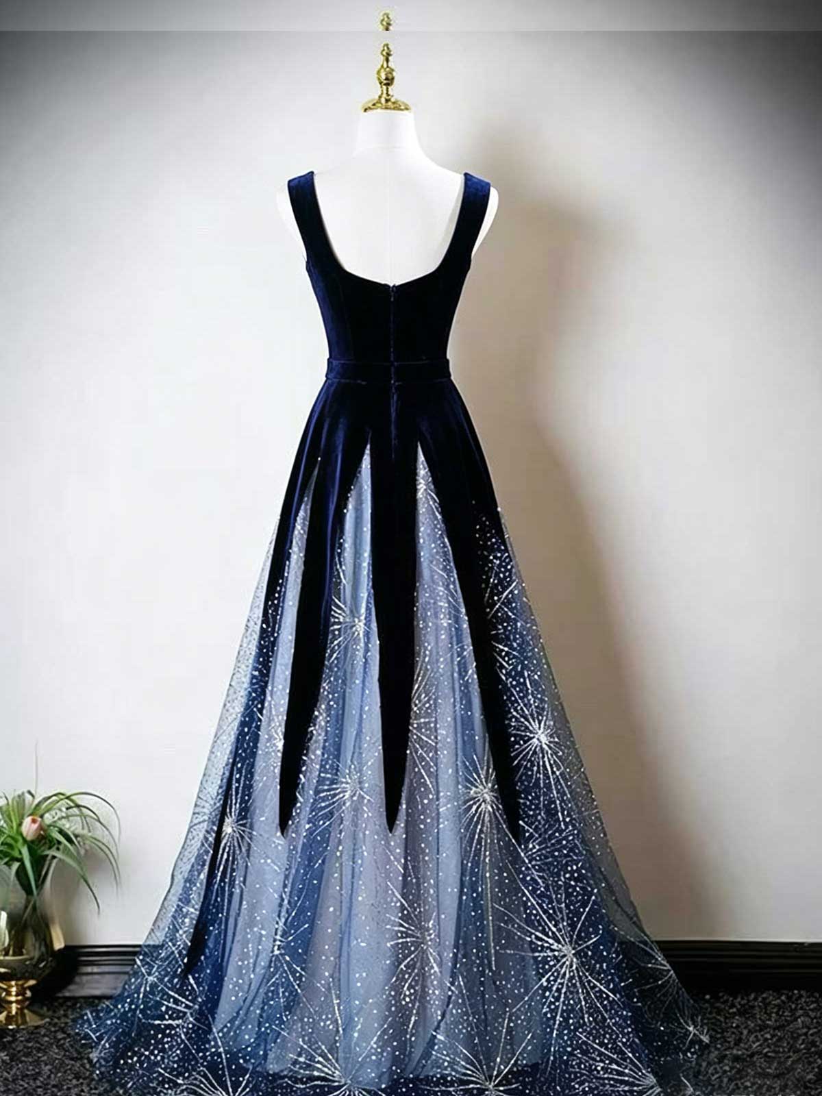 Navy Blue Velvet & Starburst Tulle A-Line Evening Gown