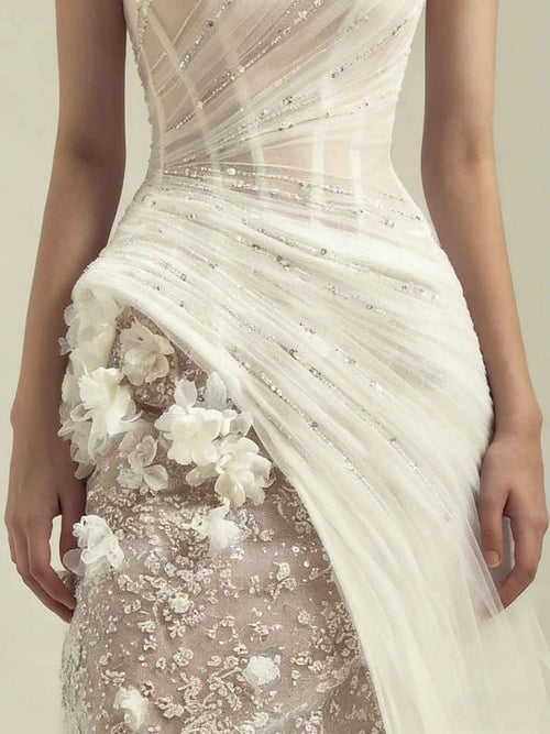 Beaded One-Shoulder Mermaid Wedding Dress with Long Train