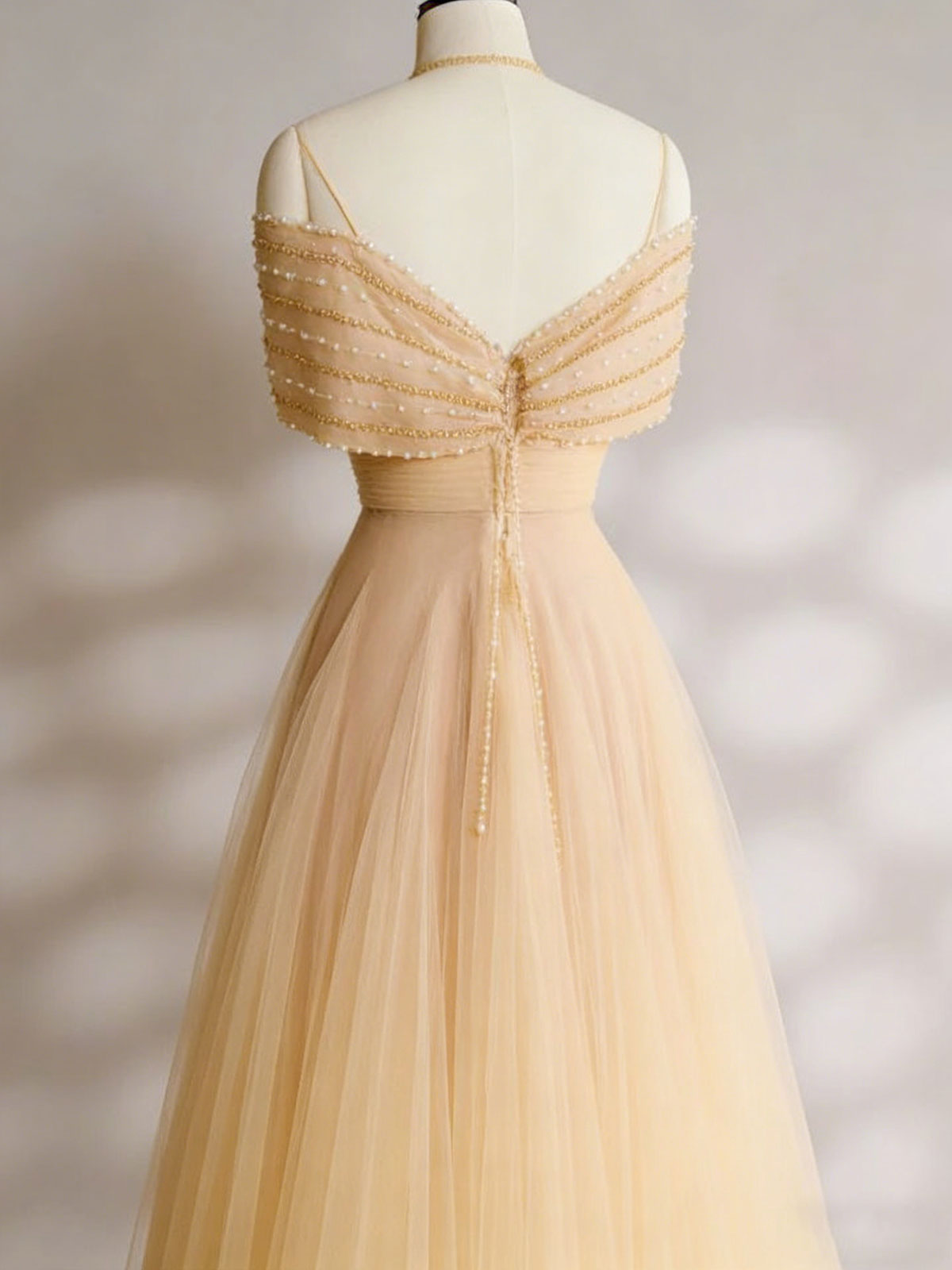 Beaded Tulle Prom Gown | Champagne Off-the-Shoulder Formal Dress