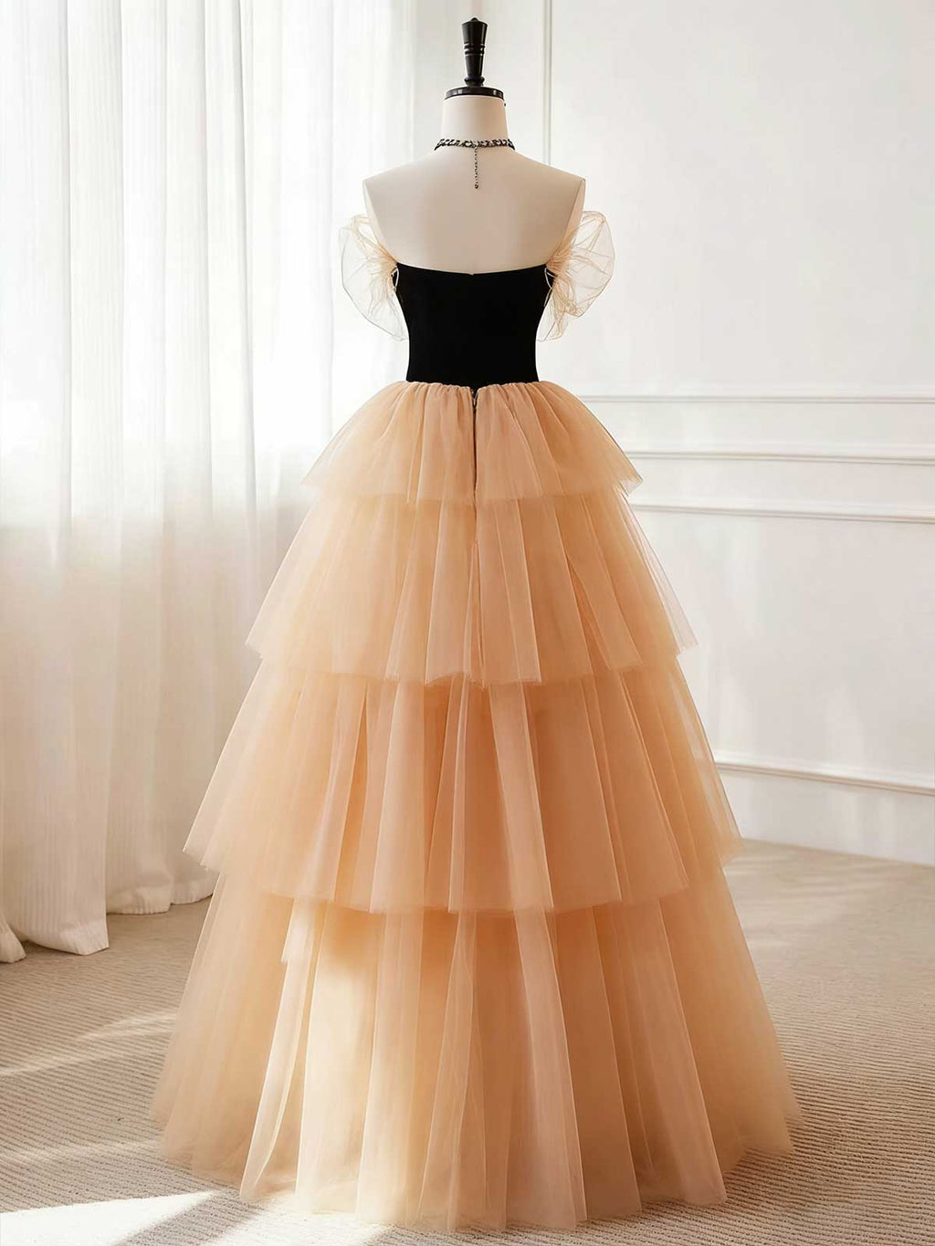 Black & Champagne Tiered Tulle Ball Gown with Halter Neck