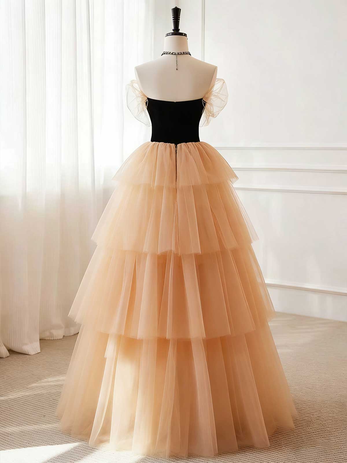 Black & Champagne Tiered Tulle Ball Gown with Halter Neck