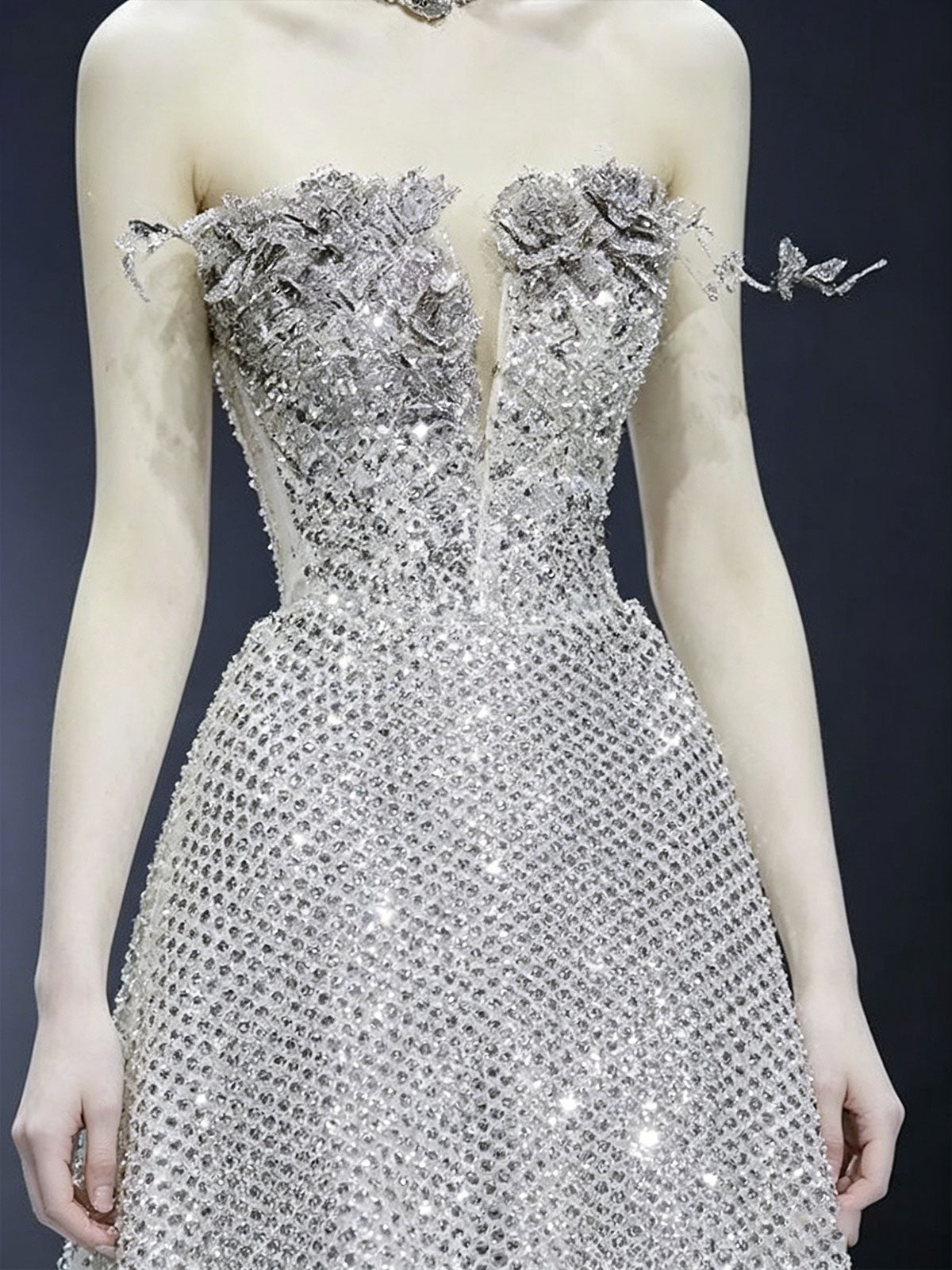Strapless Floral Crystal All Over Rhinestone A-Line Evening Gown