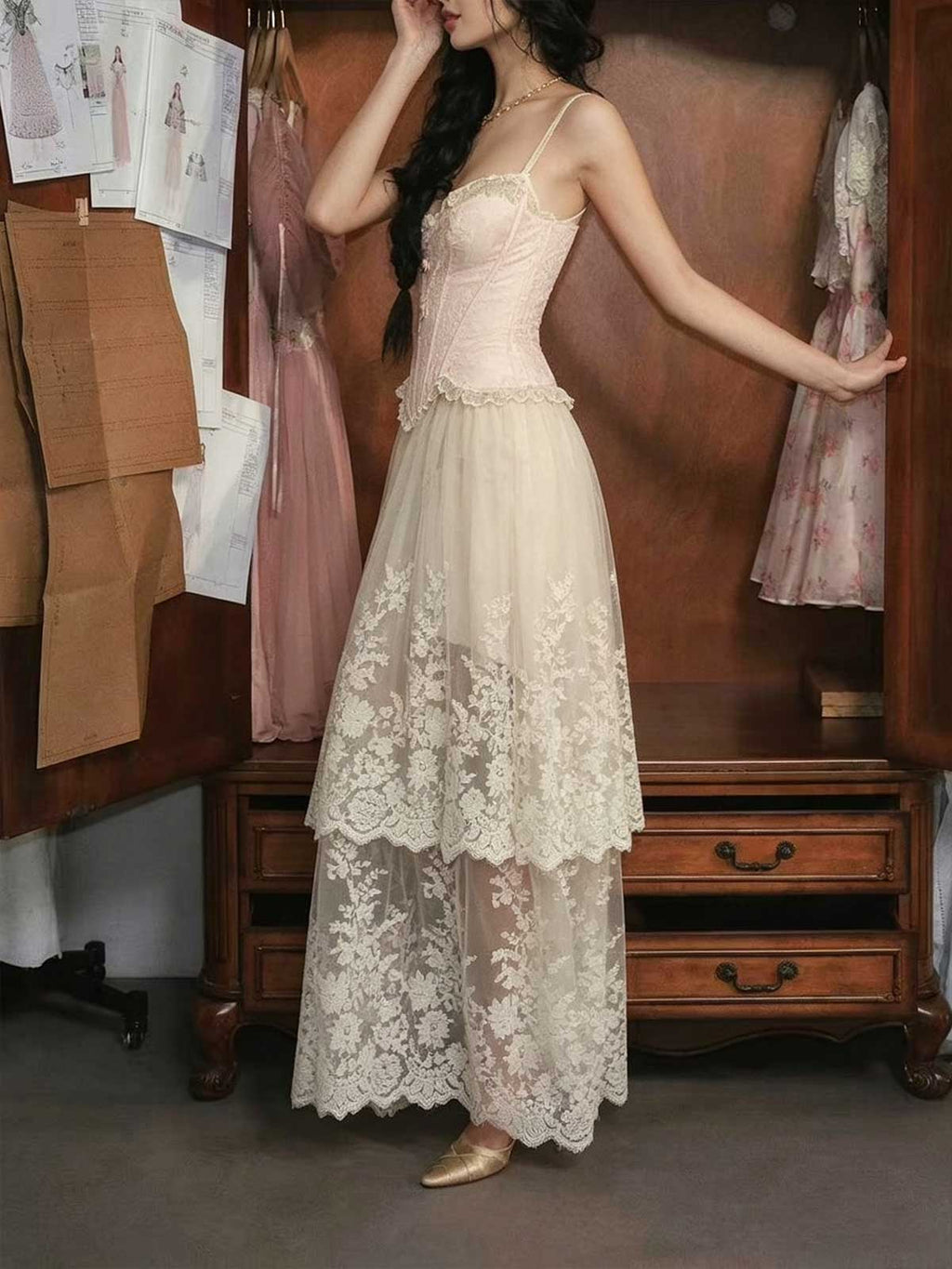 Blush Pink Lace Spaghetti Strap Tiered Tulle A-Line Wedding Dress
