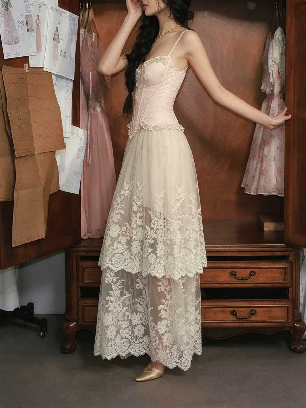 Blush Pink Lace Spaghetti Strap Tiered Tulle A-Line Wedding Dress