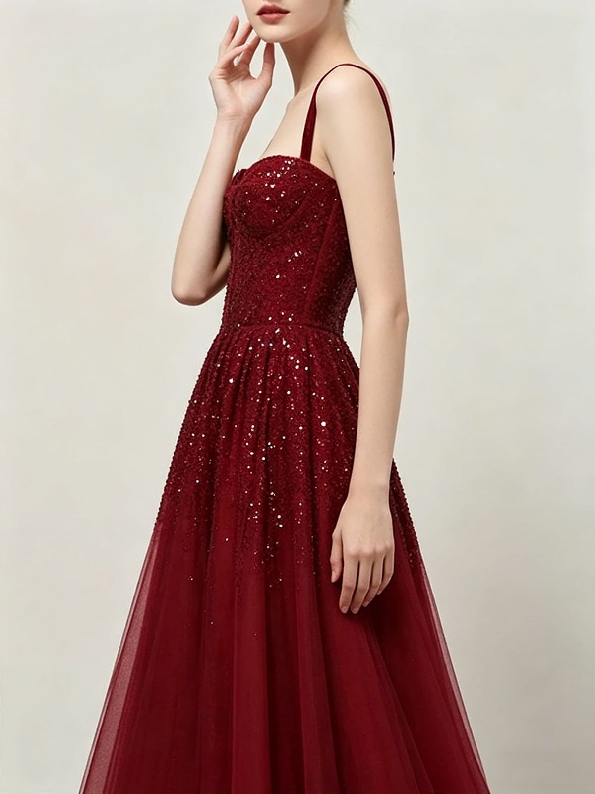 Burgundy Red Spaghetti Strap Sequin Tulle Ball Gown