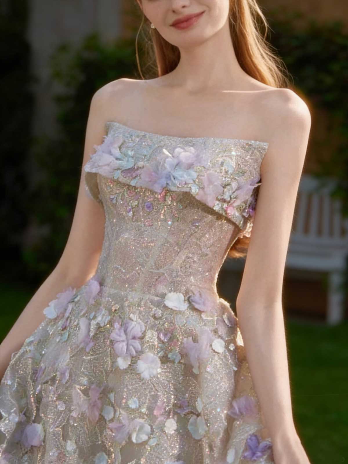 Lilac Pink 3D Floral Applique Strapless A-Line Evening Gown