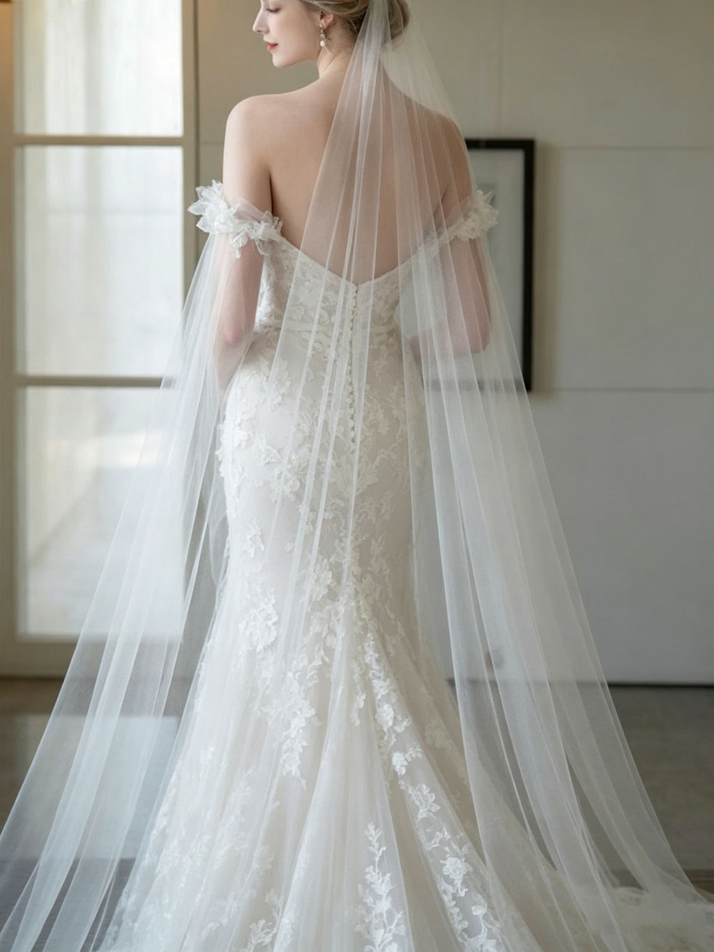 Strapless 3D Floral Lace Cape Tulle Mermaid Train Wedding Gown