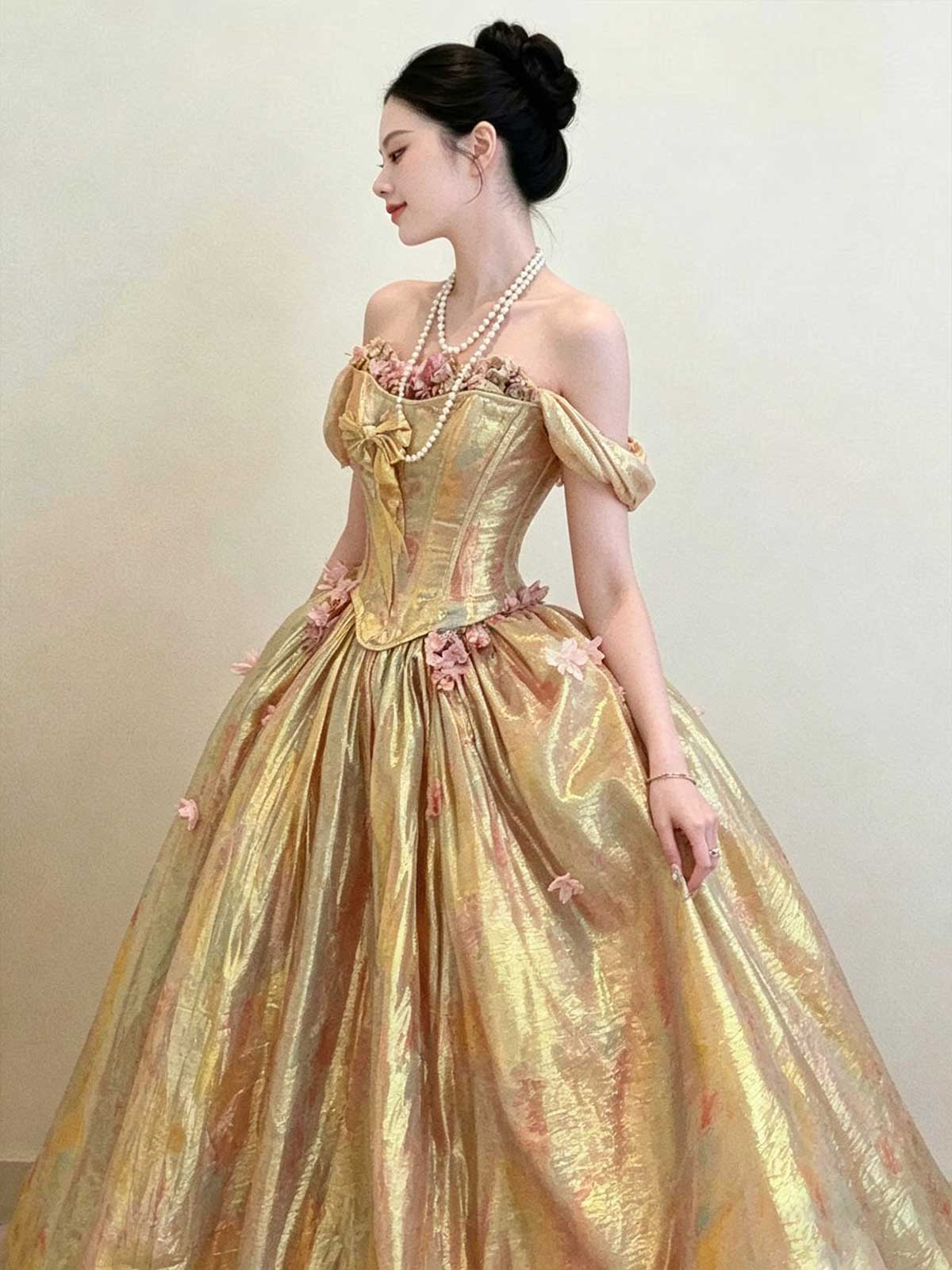 Iridescent Gold Off-the-Shoulder Corset Ball Gown with Floral Appliqués