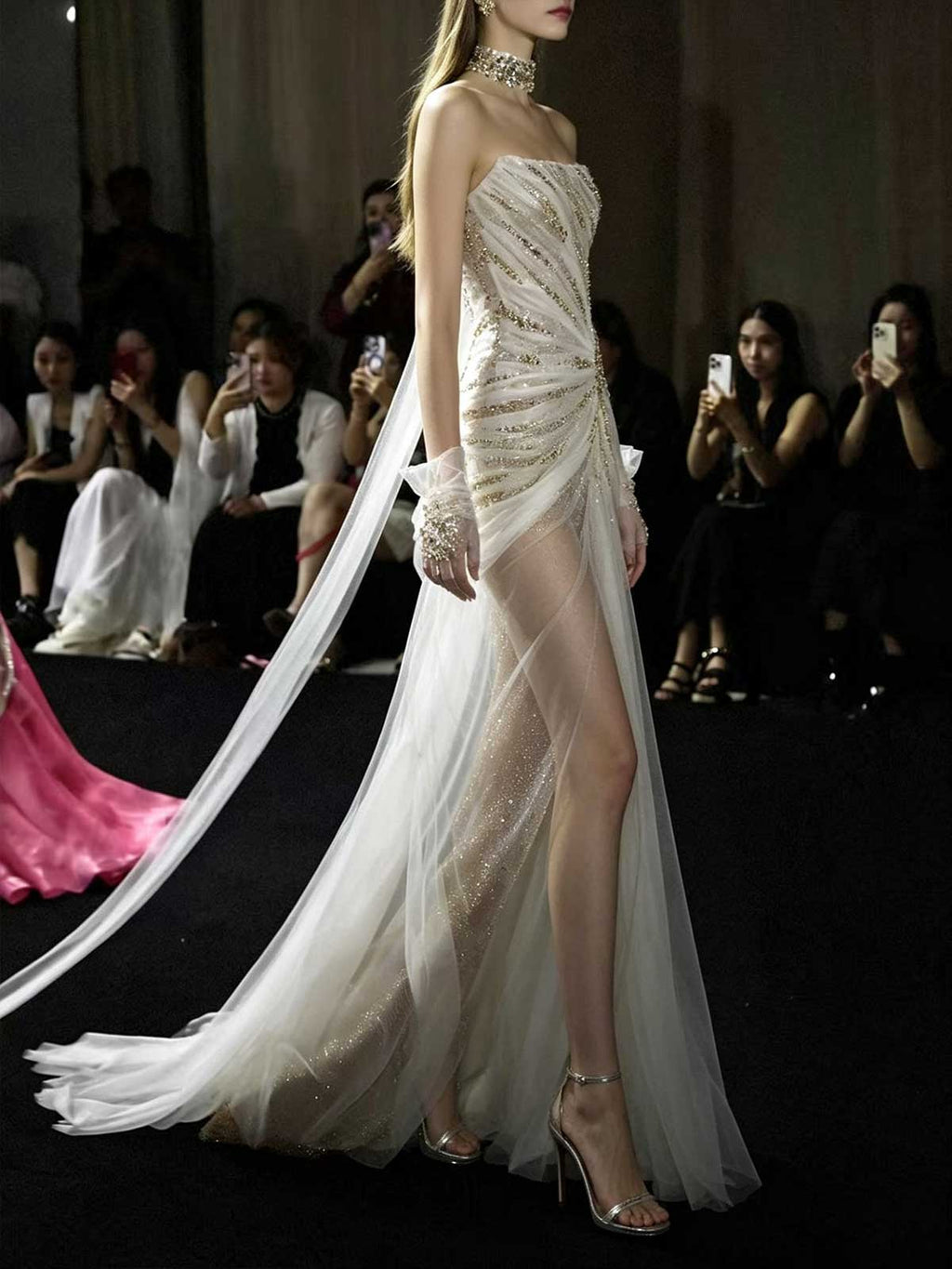 Gold Crystal Beaded Strapless Sheer Mermaid Evening Gown with Slit