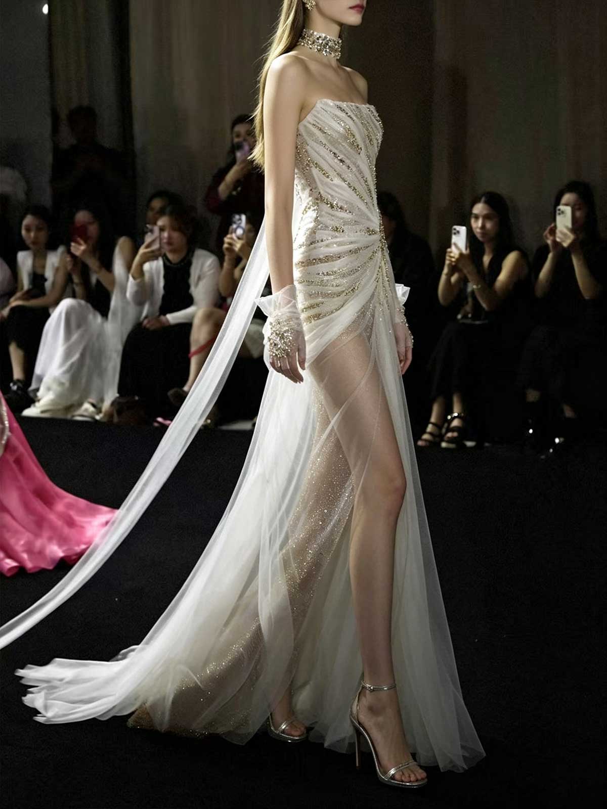Gold Crystal Beaded Strapless Sheer Mermaid Evening Gown with Slit