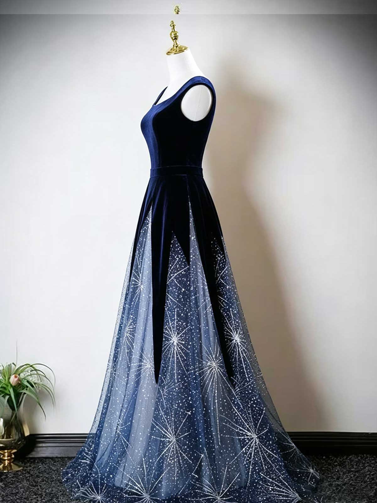 Navy Blue Velvet & Starburst Tulle A-Line Evening Gown