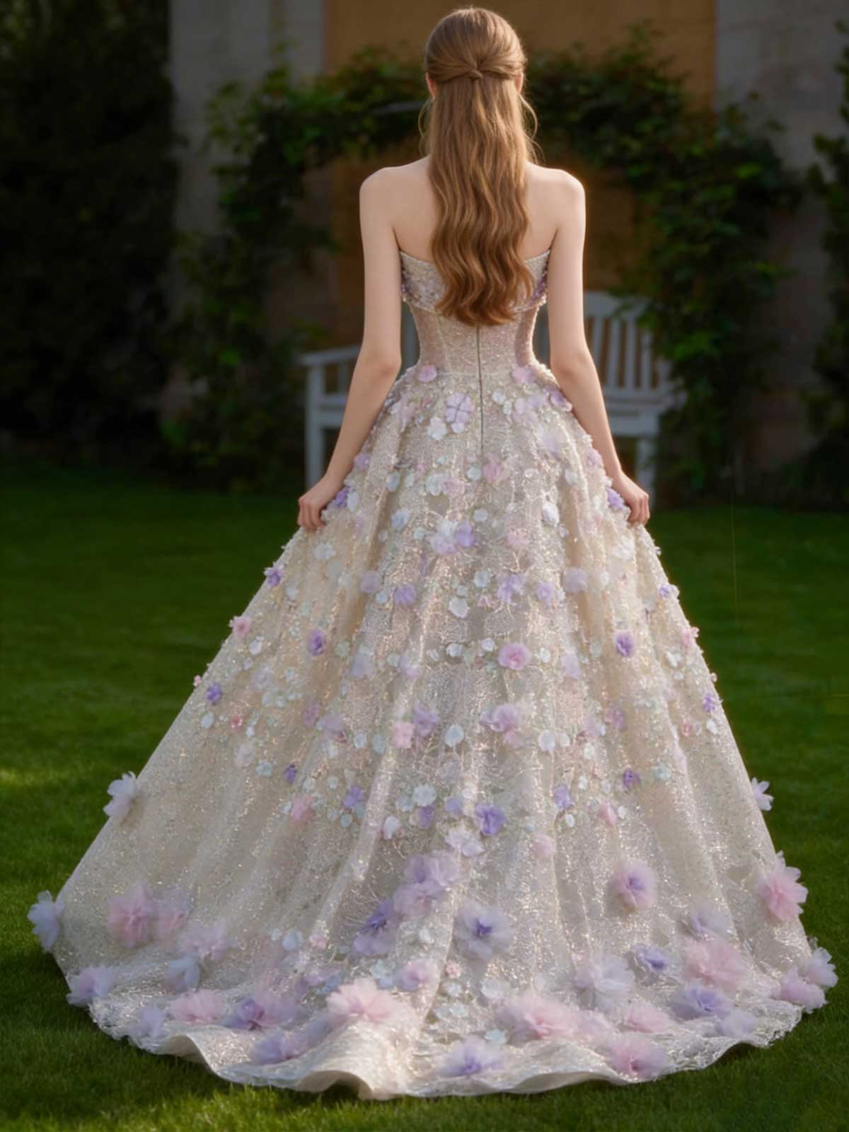 Lilac Pink 3D Floral Applique Strapless A-Line Evening Gown