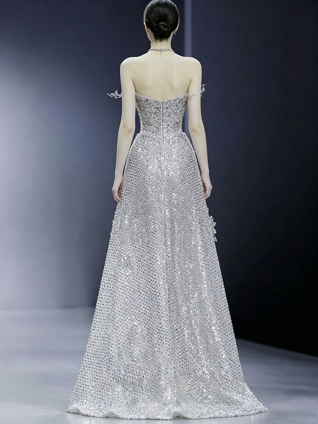 Strapless Floral Crystal All Over Rhinestone A-Line Evening Gown