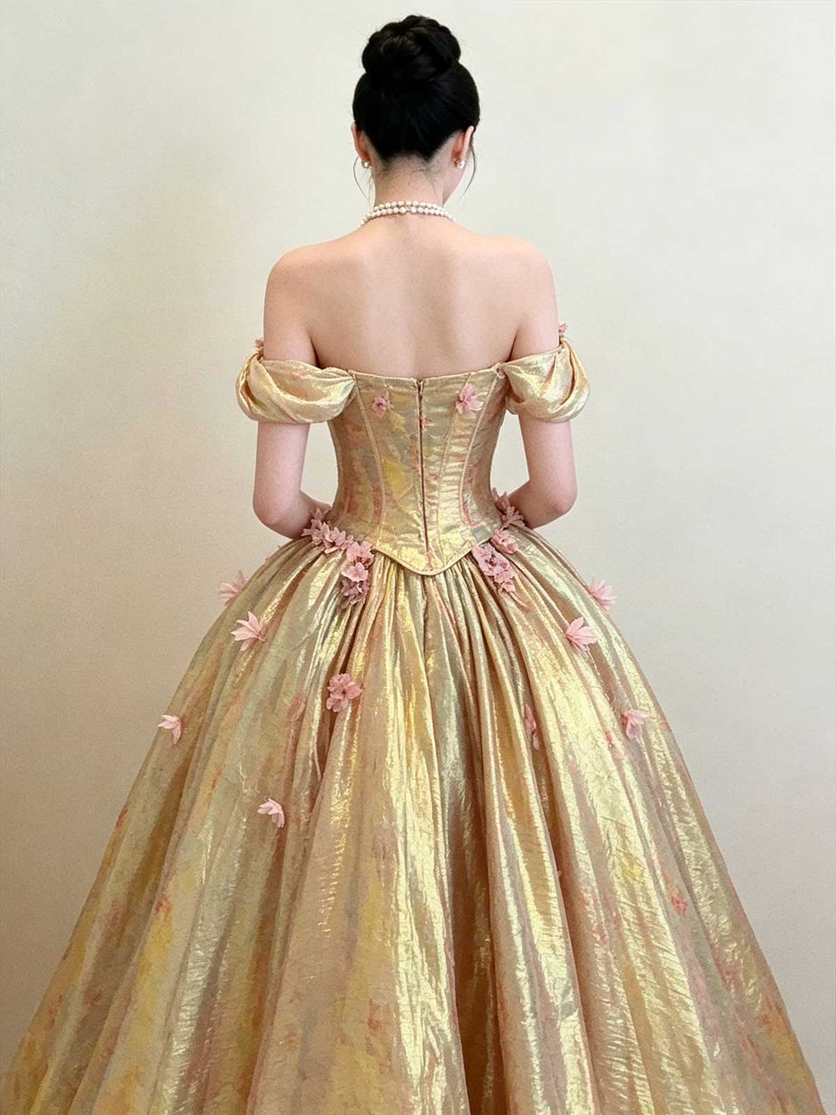 Iridescent Gold Off-the-Shoulder Corset Ball Gown with Floral Appliqués