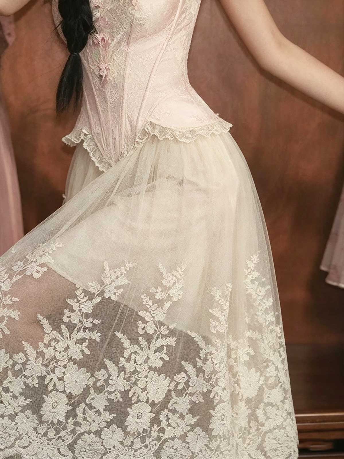 Blush Pink Lace Spaghetti Strap Tiered Tulle A-Line Wedding Dress