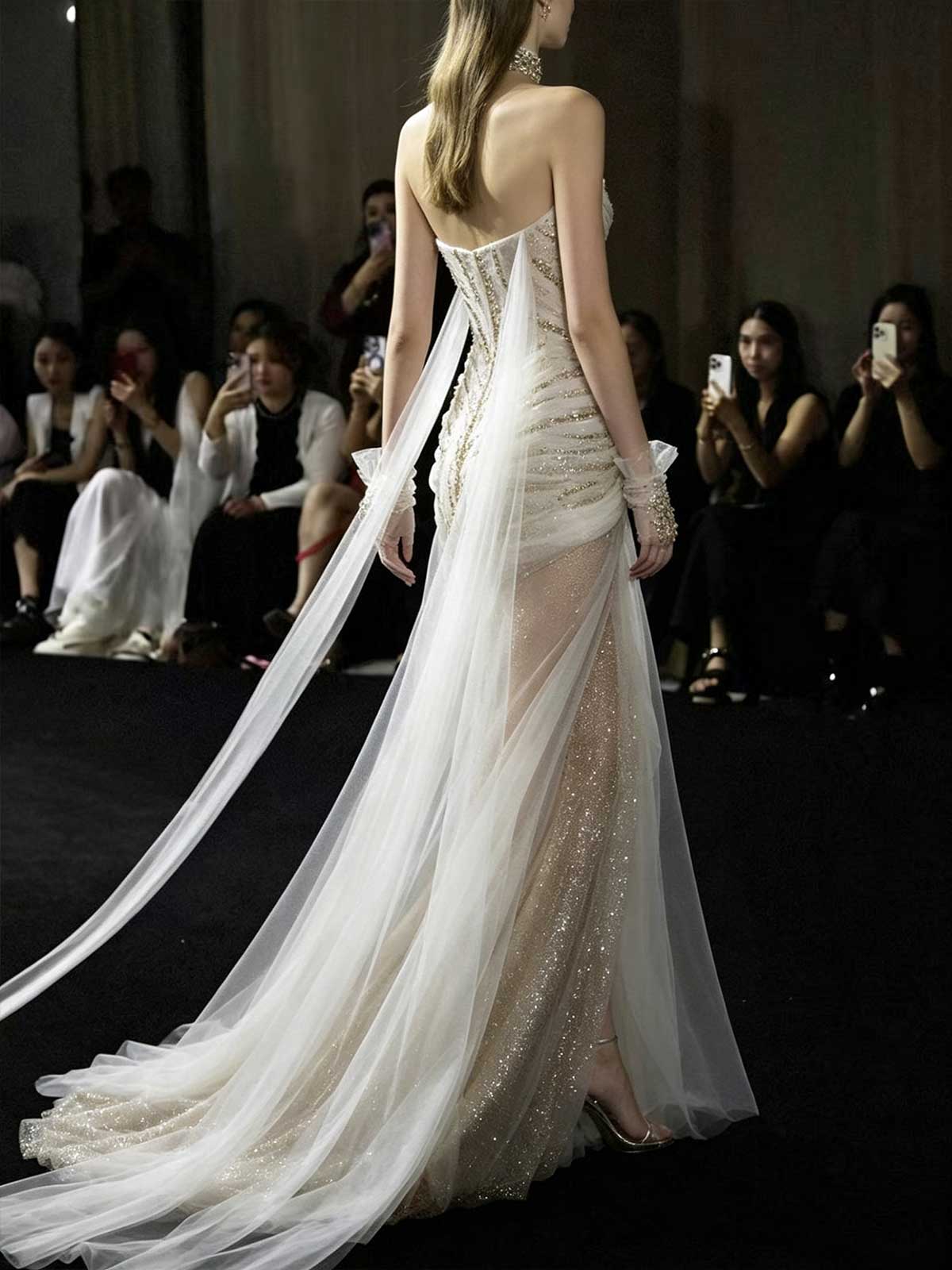 Gold Crystal Beaded Strapless Sheer Mermaid Evening Gown with Slit