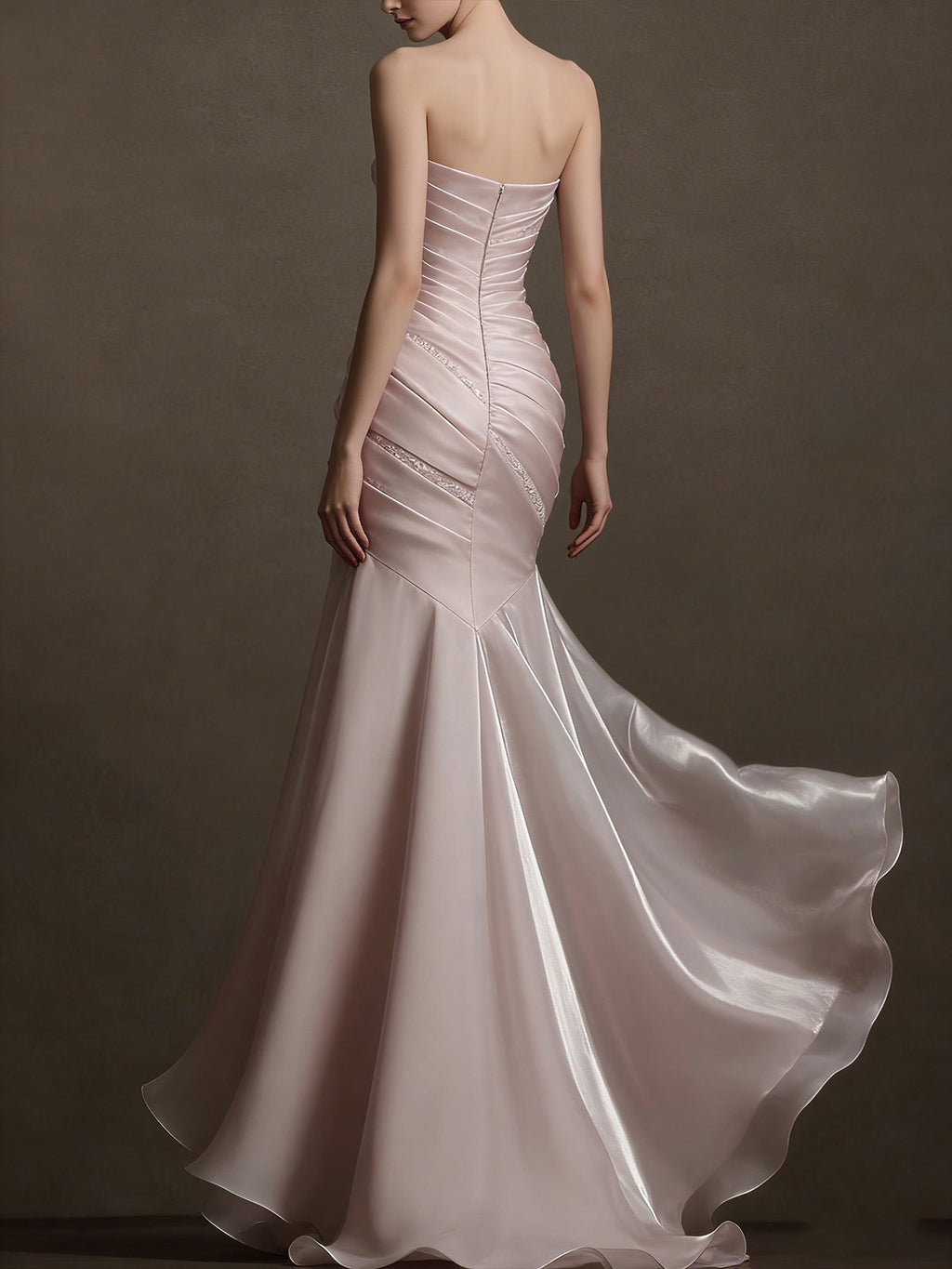 Blush Pink Strapless Mermaid Gown with Ruched Bodice & Beaded Accents