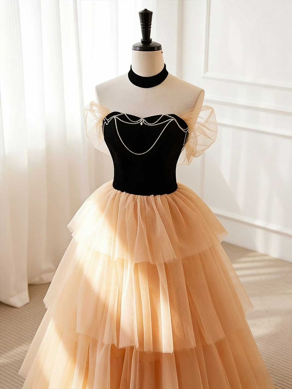 Black & Champagne Tiered Tulle Ball Gown with Halter Neck