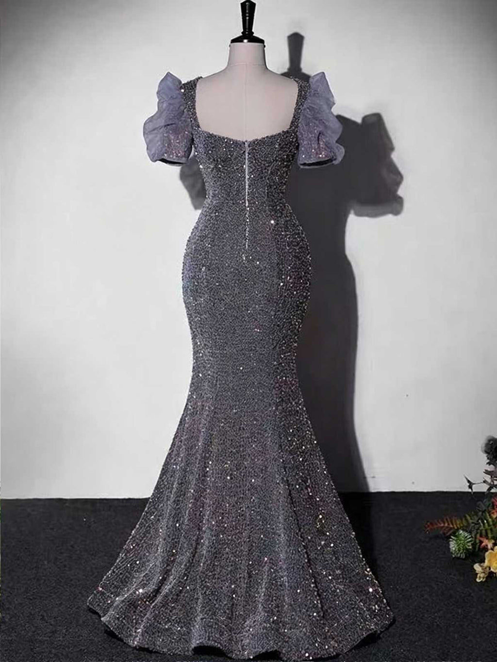 Lavender Gray Sequin Mermaid Evening Gown with Bow Detail & Puff Sleeves