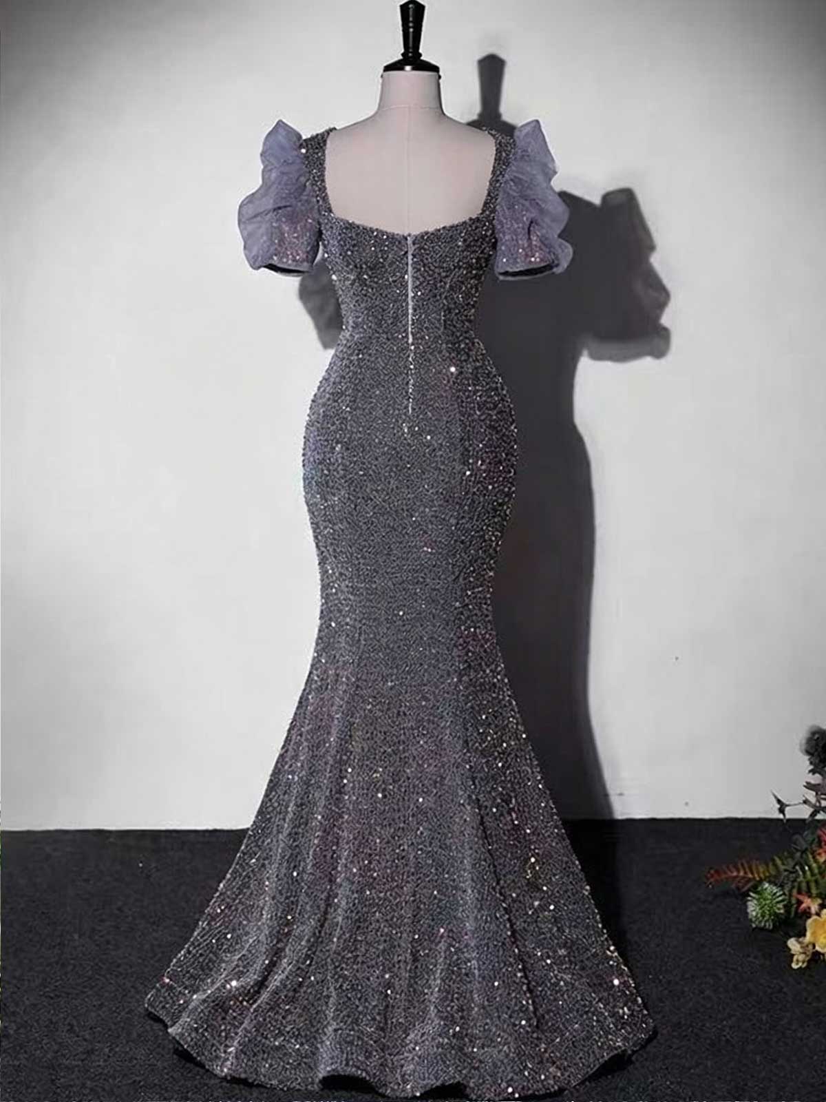 Lavender Gray Sequin Mermaid Evening Gown with Bow Detail & Puff Sleeves