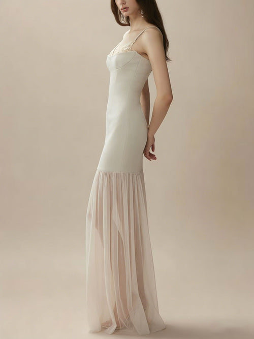 Beaded Embellishment Spaghetti Strap Mesh Insert Mermaid Formal Gown