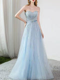 Ice Blue Crystal Beaded Strapless A-Line Evening Gown with Vertical Rhinestone Detailing