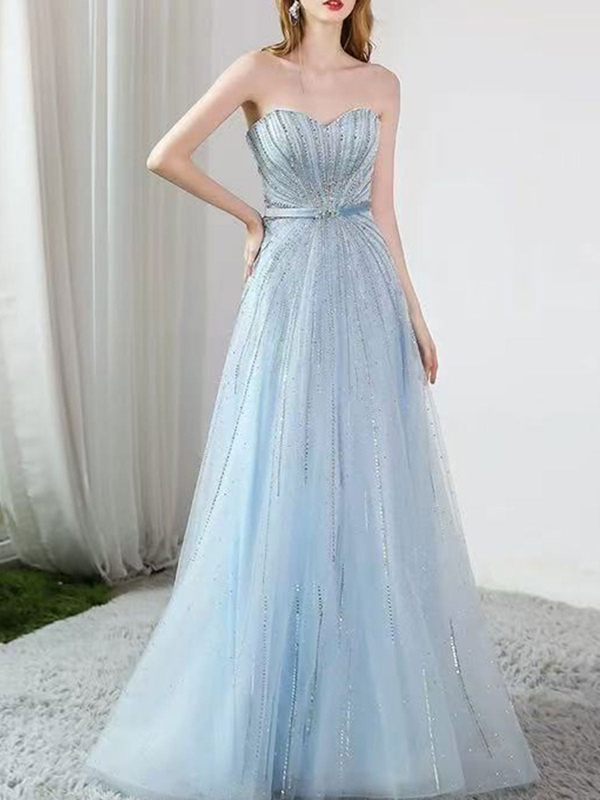 Ice Blue Crystal Beaded Strapless A-Line Evening Gown with Vertical Rhinestone Detailing