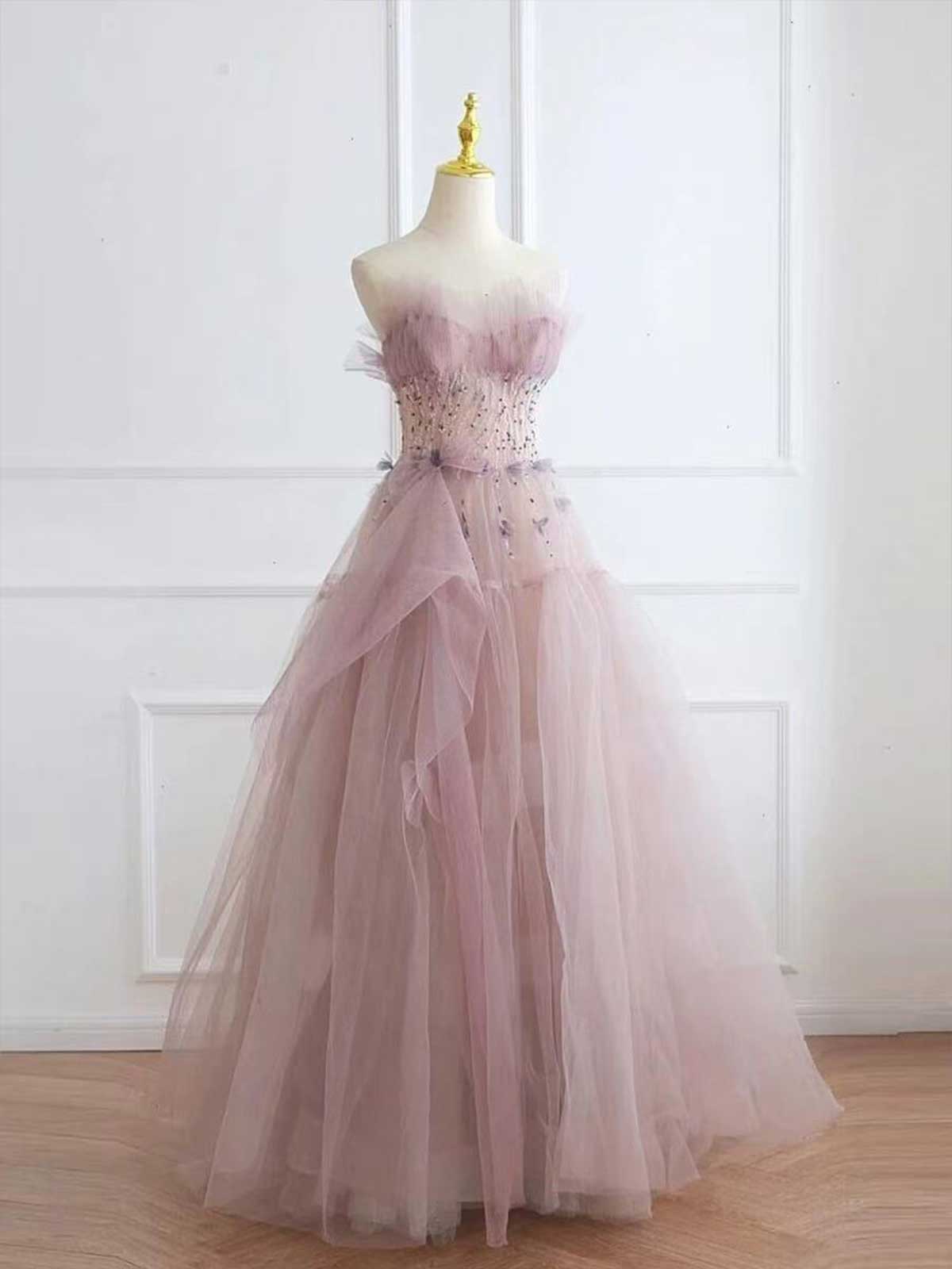 Dusty Pink Strapless Tulle Ball Gown with Corset Beaded Bodice