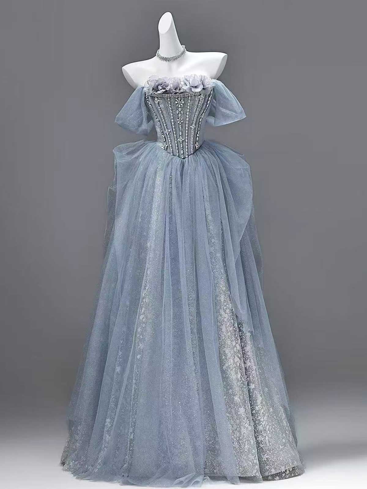 Dusty Blue Strapless Corset Tulle Ball Gown with Puff Sleeves