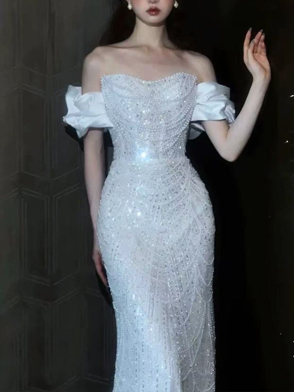 Strapless Satin Puff Sleeve Pearl Rhinestone Mermaid Evening Gown