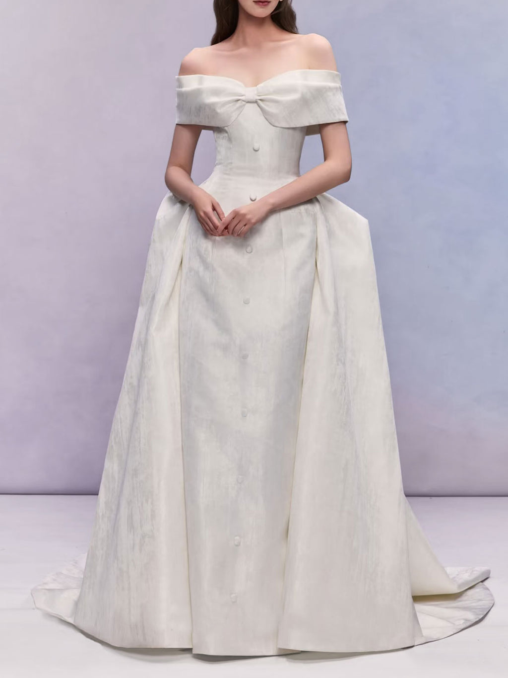 Vintage Off-the-Shoulder Bow Gown with Structured Ball Gown Silhouette