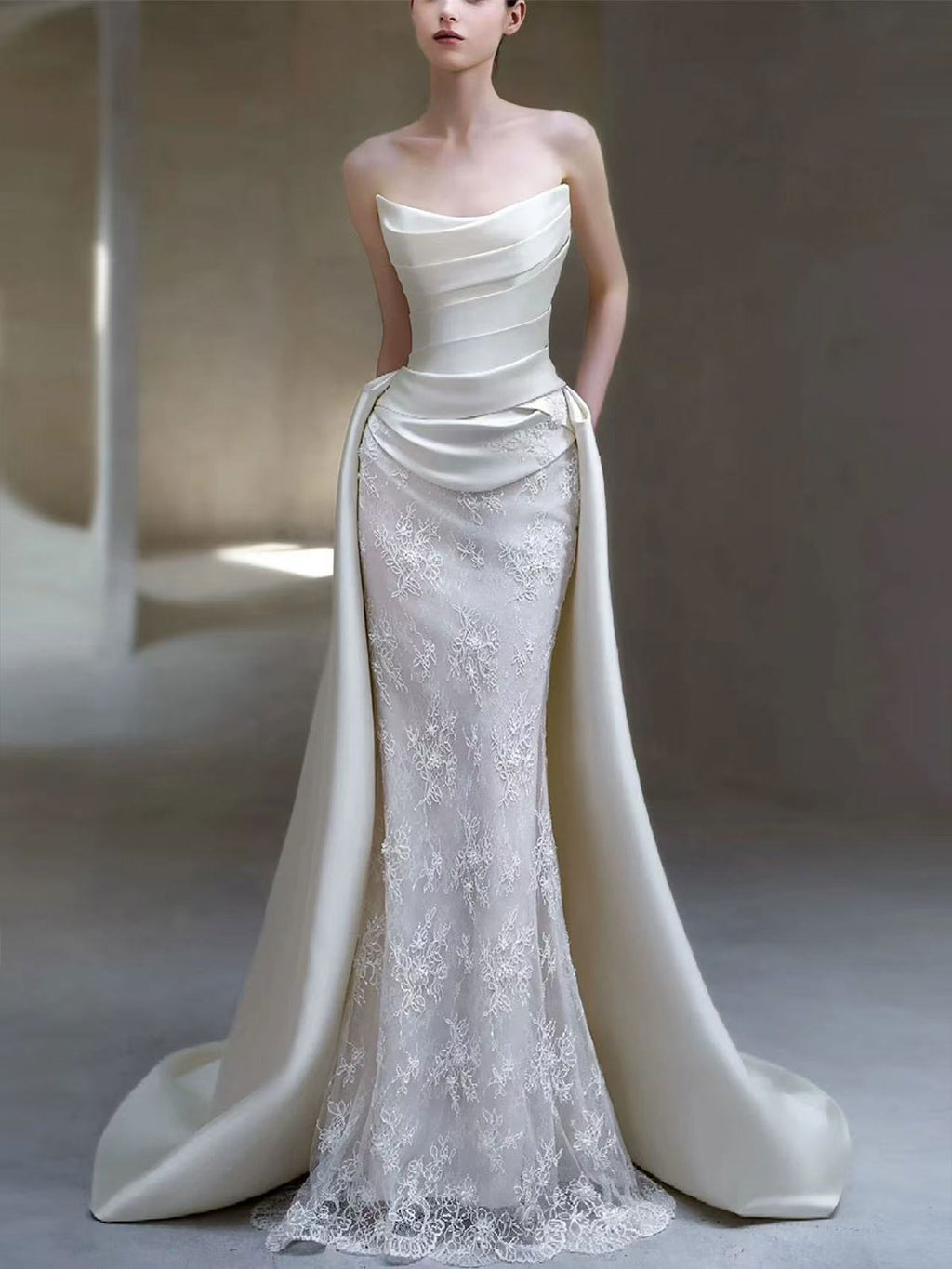 Strapless Satin Lace Mermaid Wedding Dress with Overskirt Train