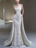 Strapless Satin Lace Mermaid Wedding Dress with Overskirt Train