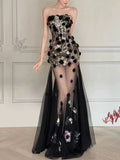 Black Strapless Corset 3D Floral Sheer Tulle Mermaid Evening Gown Sequin Formal Dress