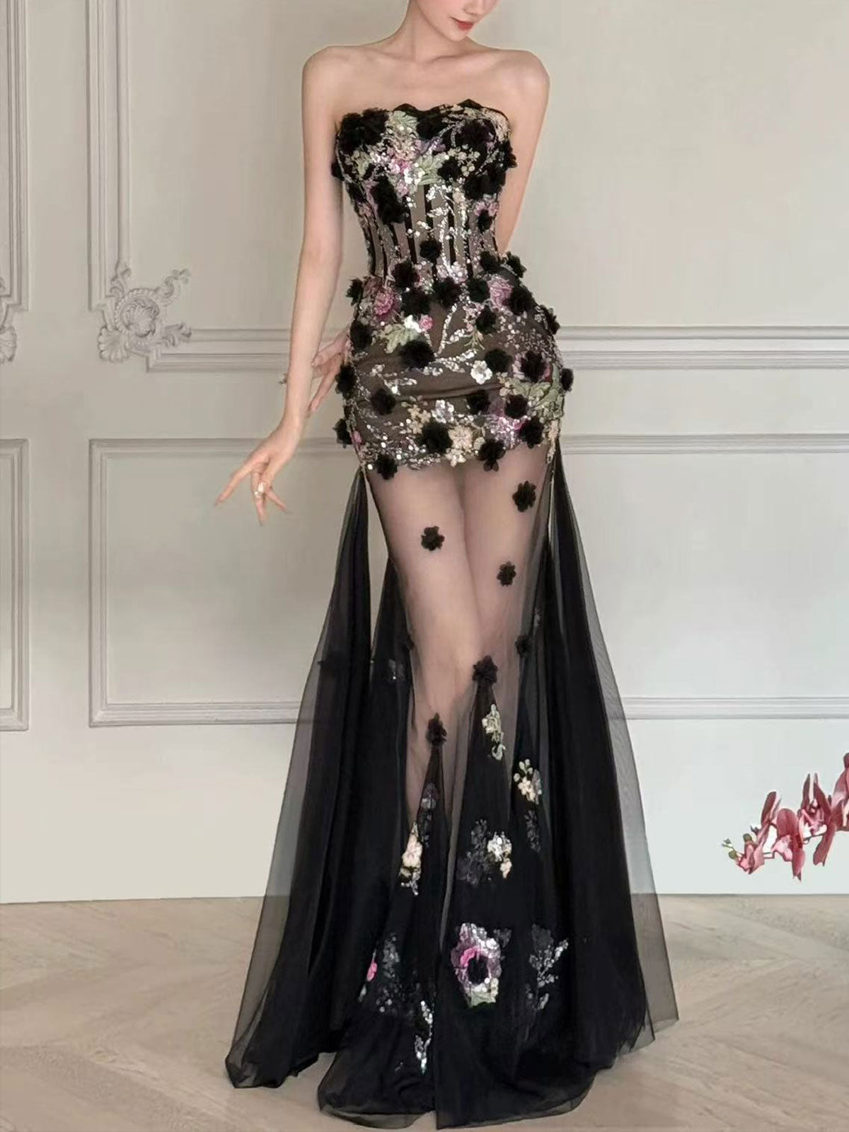 Black Strapless Corset 3D Floral Sheer Tulle Mermaid Evening Gown Sequin Formal Dress