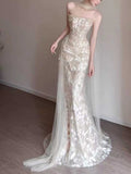 Ivory Sequin Strapless Mermaid Wedding Dress with Veil