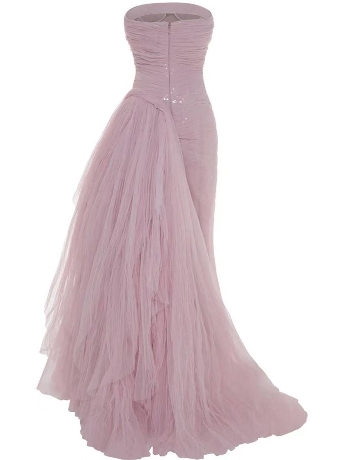 Blush Pink Strapless Ruched Tulle Gown with Asymmetrical Skirt