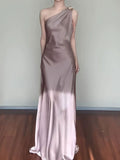 Gradient Taupe One-Shoulder Satin Maxi Dress