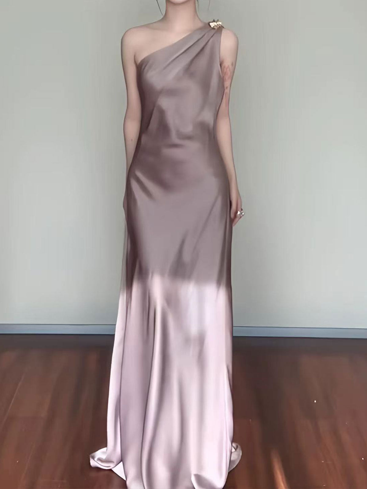 Gradient Taupe One-Shoulder Satin Maxi Dress
