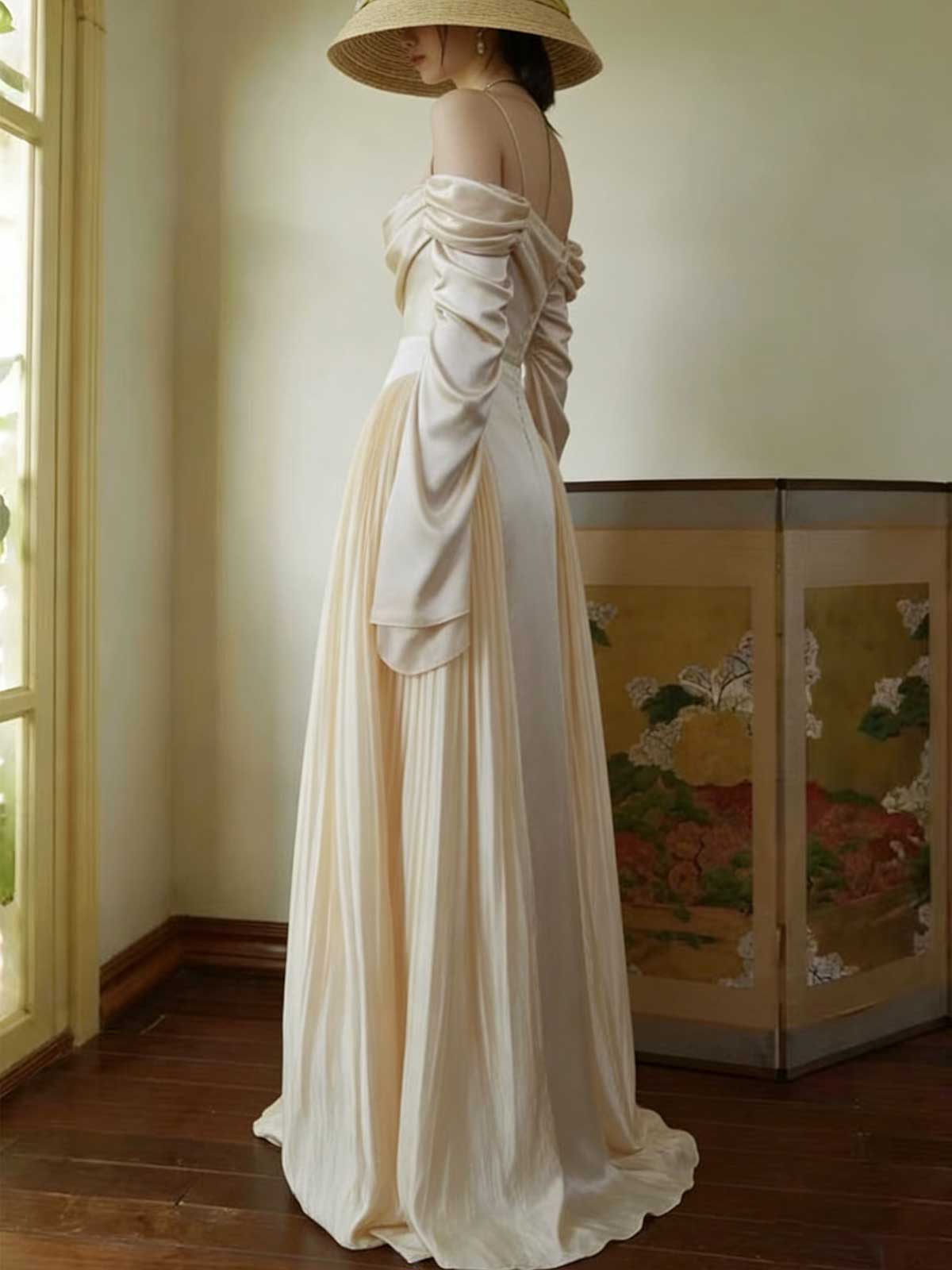 Ivory Off-Shoulder Satin Pleated Maxi Wedding Gown
