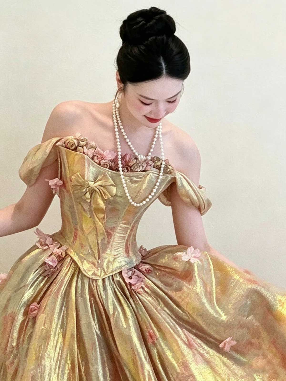 Iridescent Gold Off-the-Shoulder Corset Ball Gown with Floral Appliqués
