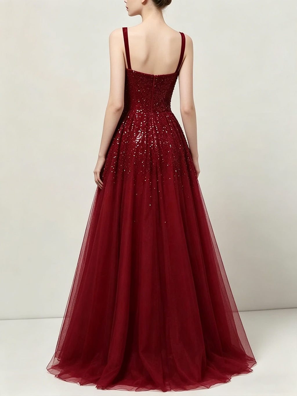 Burgundy Red Spaghetti Strap Sequin Tulle Ball Gown