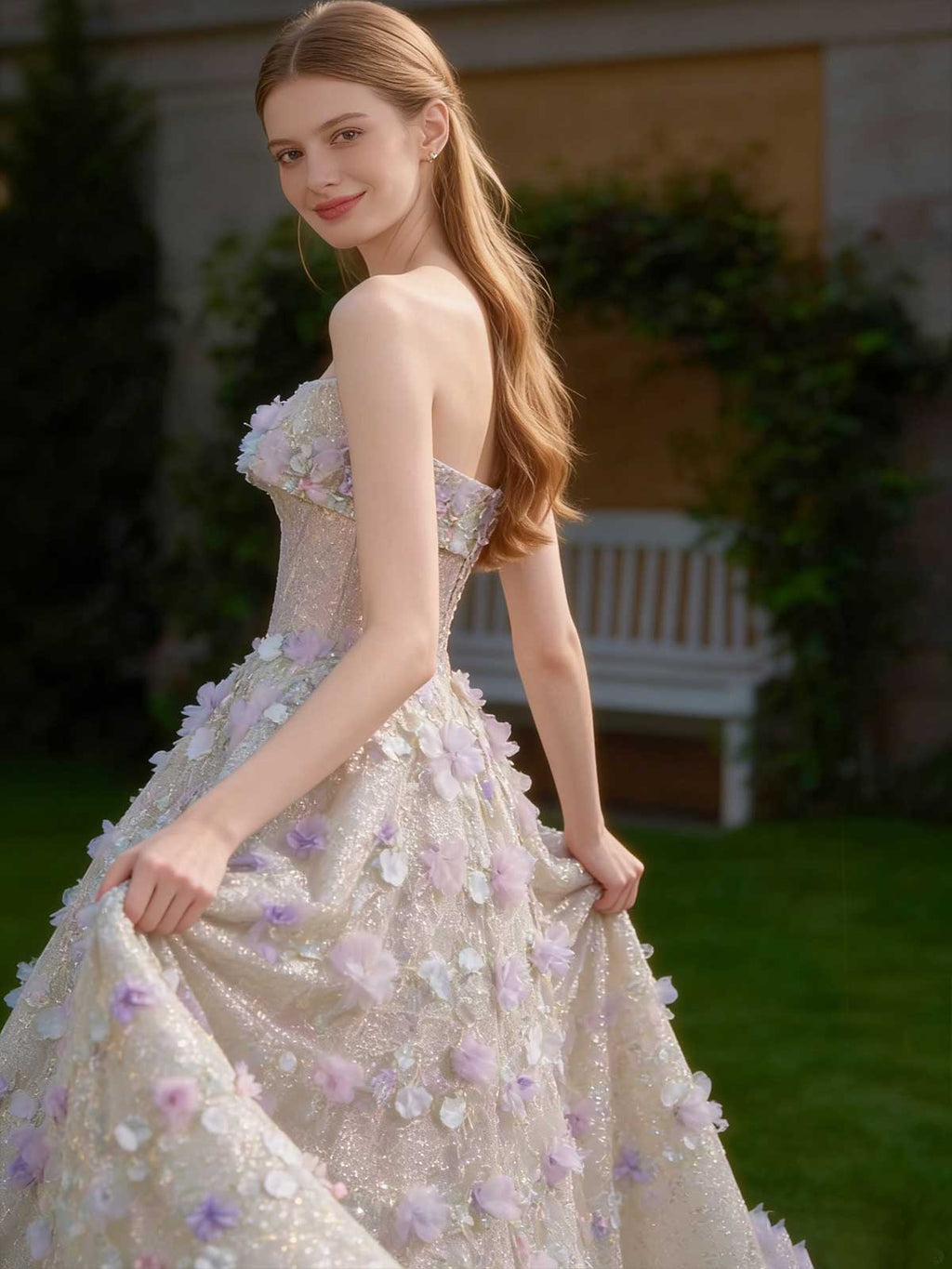Lilac Pink 3D Floral Applique Strapless A-Line Evening Gown