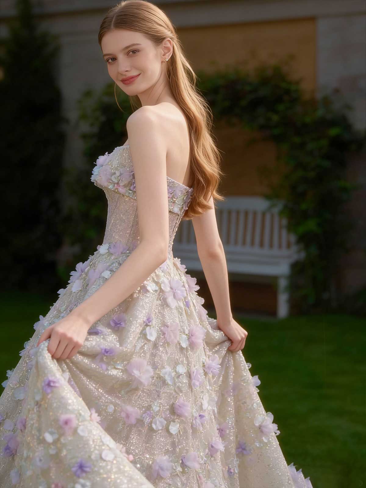 Lilac Pink 3D Floral Applique Strapless A-Line Evening Gown