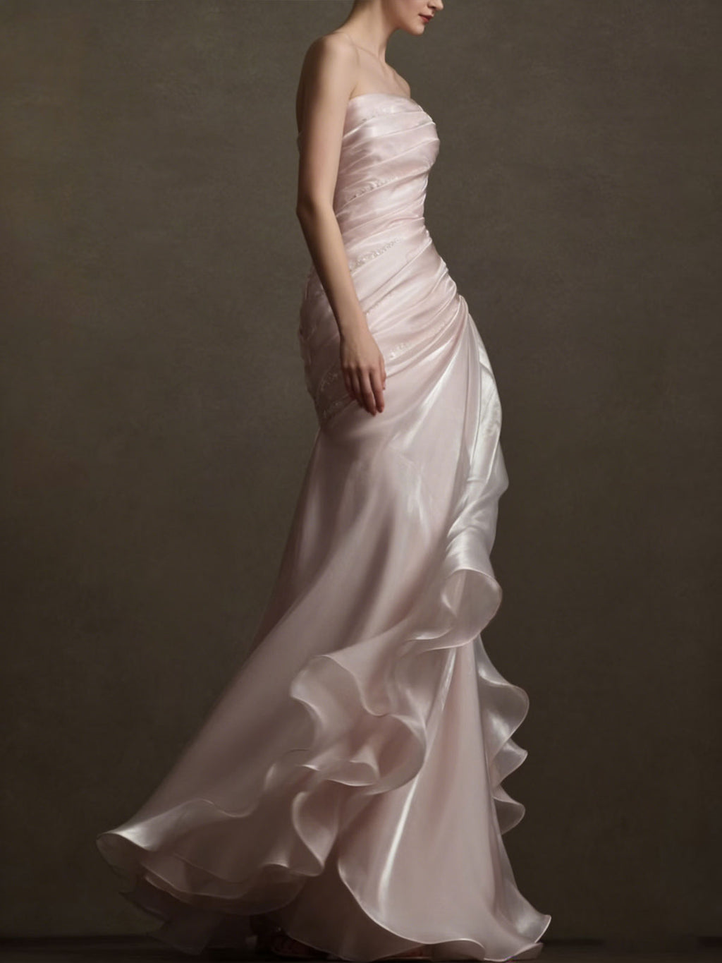 Blush Pink Strapless Mermaid Gown with Ruched Bodice & Beaded Accents
