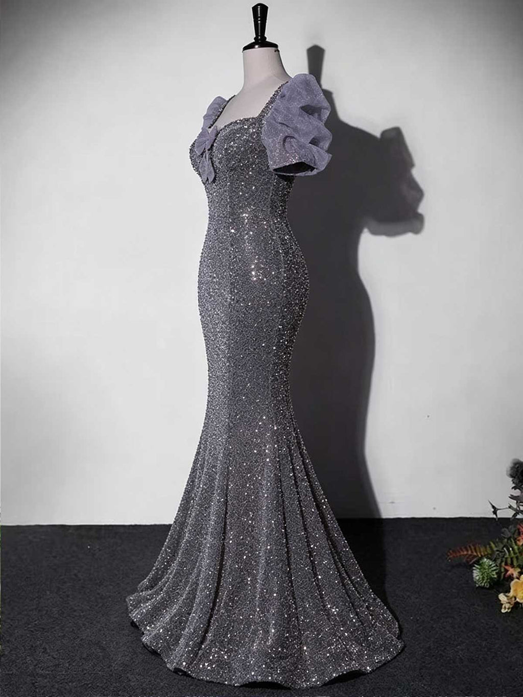 Lavender Gray Sequin Mermaid Evening Gown with Bow Detail & Puff Sleeves